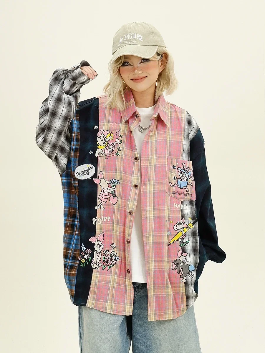 Cartoon Plaid Splicing Long-sleeved Shirt Autumn New Loose Bf Japanese Retro Top Trendy Girl 2024