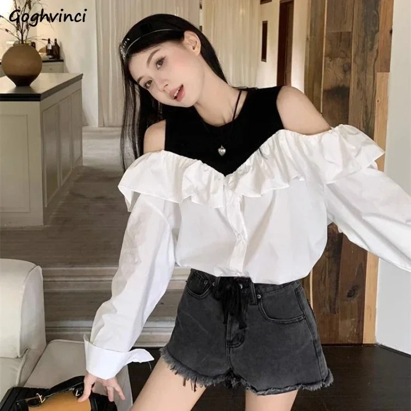 Long Sleeve Shirts for Women Fake Two Pieces Patchwork Korean Style Designs Off-shoulder Ruffles Baggy All-match Y2k Clothing