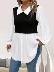 Plus Size 1XL-5XL damska bluzka z kolorowym blokiem kołnierzyk Polo bluzka z długim rękawem luźne Top na co dzień koszule