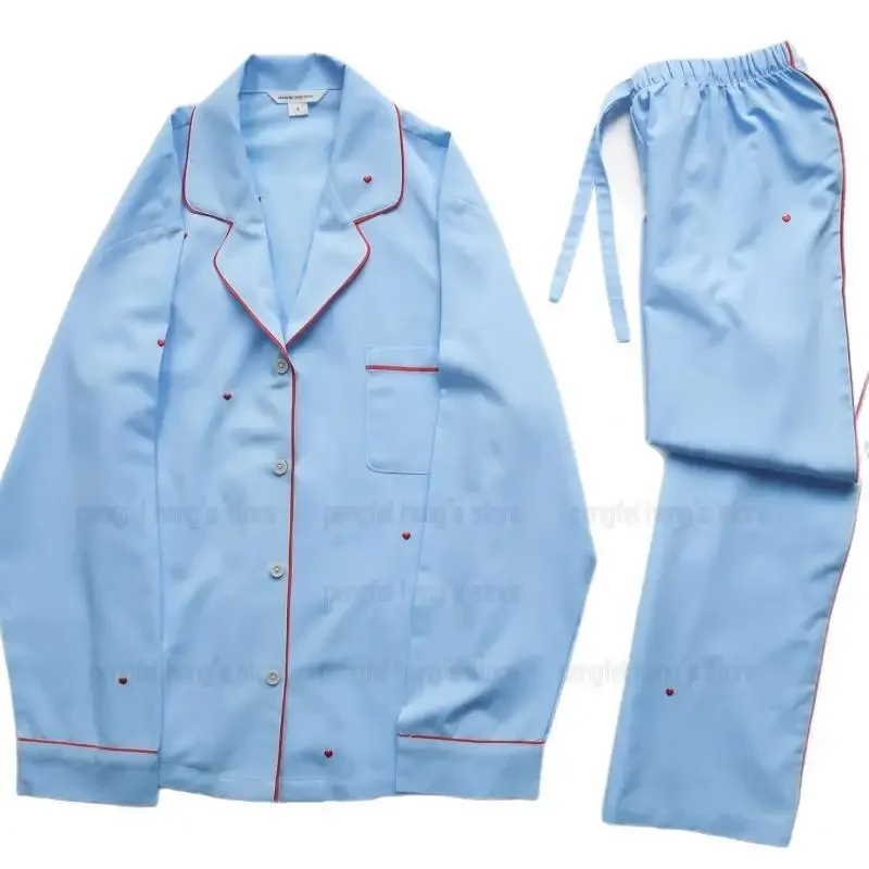 

Luxury Embroider Love Pijama Mujer Blue Outfit Women Cotton Sleepwear Long Sleeve Shirt Pants Loose Home Clothes Pajama Sets
