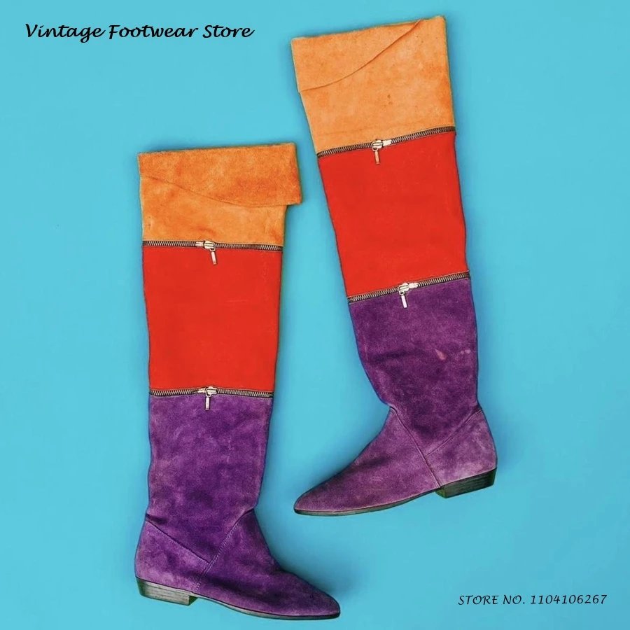 

Vintage Colorblock Suede Zipper Boots Round Toe Chunky Heel Fashion Casual Shoes Women's Spring Autumn Over-the-knee Boots