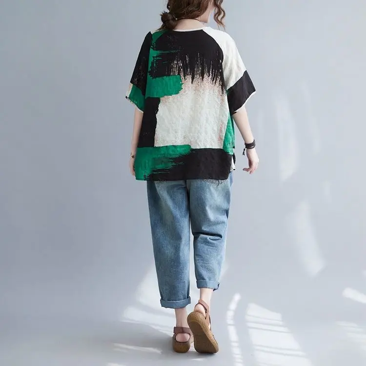 Women Clothing 2025 New Summer Clothing New Style Retro Loose Cotton Linen Short-sleeved T-shirt Top