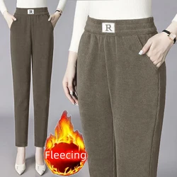 Plus Size Elastic Waist Warm Fleecing Pants For Women Elegant Casual Retro Basic Trousers OL Loose Pocket Slim Straight Leg Pant