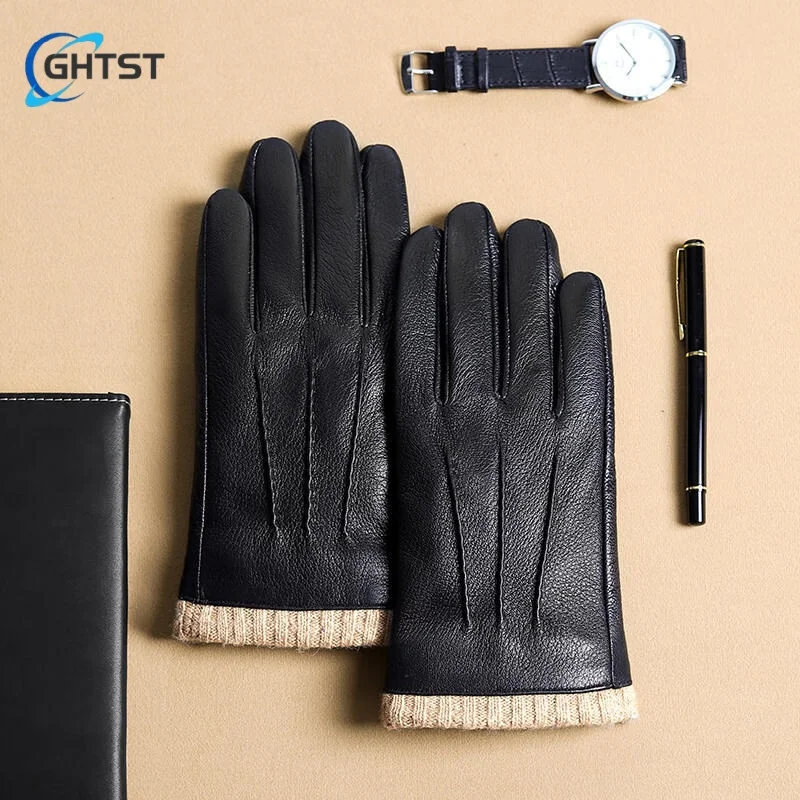 Fashion Leather gloves for men in winter plus fleece thickening drive riding warm motorcycle touch screen waterproof windproof