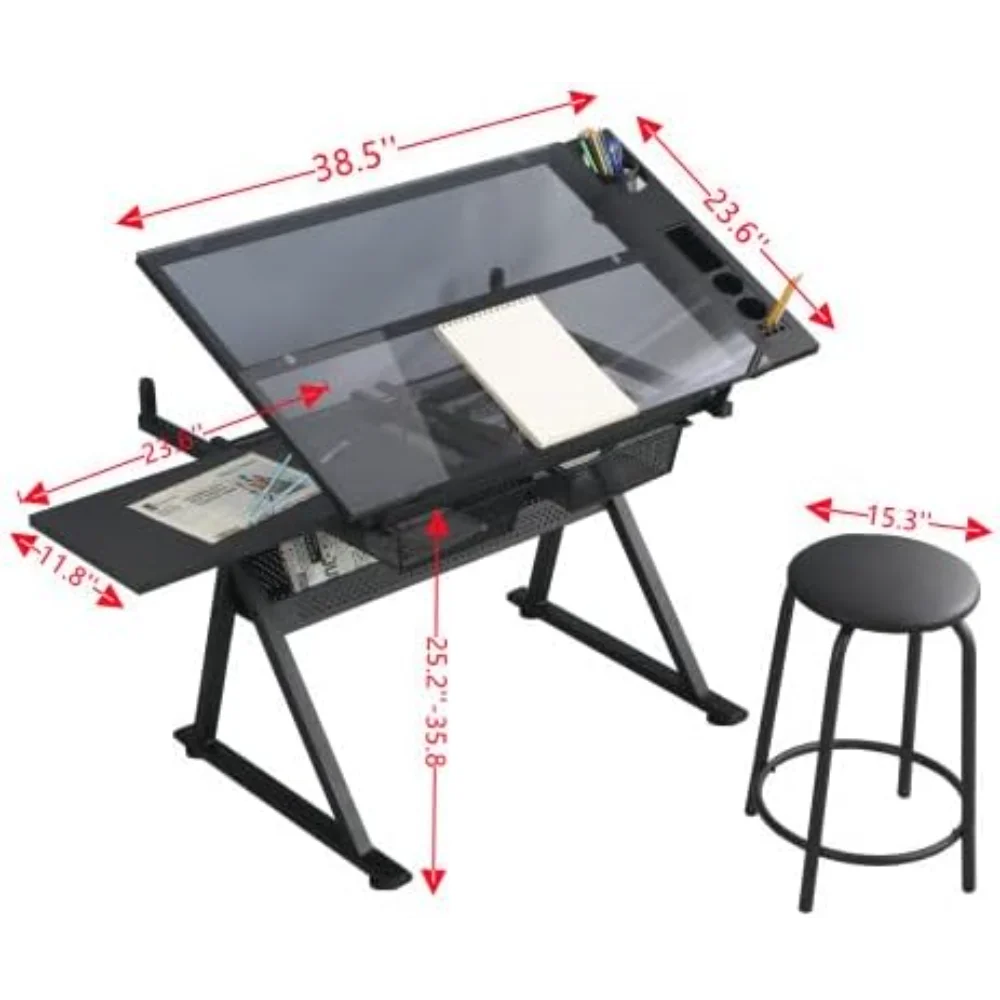 Glass Drafting Table Art Desk – Adjustable Professhional Artwork Drawing Drafting Table Desk, Glass-Topped Art Table