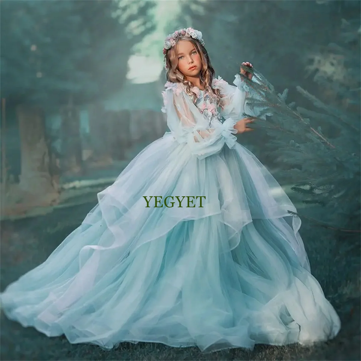 

Elegant Flower Girl Dress For Weddings Tulle Appliqued Tiered Long Sleeves Birthday Gown Party First Communion Baptism Gown Wear