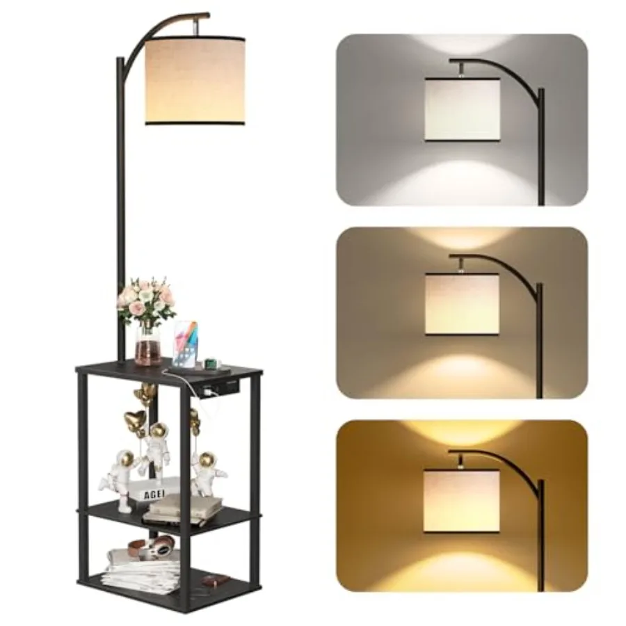 

Floor Lamp with Table, End Table for Living Room with Lamp, Shelves Side Table with Charging Station USB and AC Port,3 Color Te