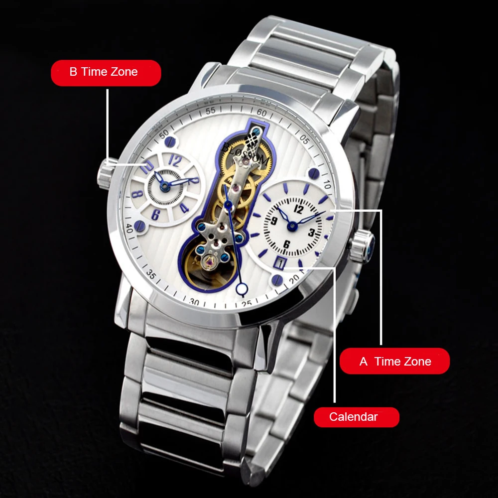 Panda Watches Dual Time Zone Automatic Mechanical Wristwatch Men 44mm Skeleton Watch BLOSSOM Stainless Steel Waterproof Clocks