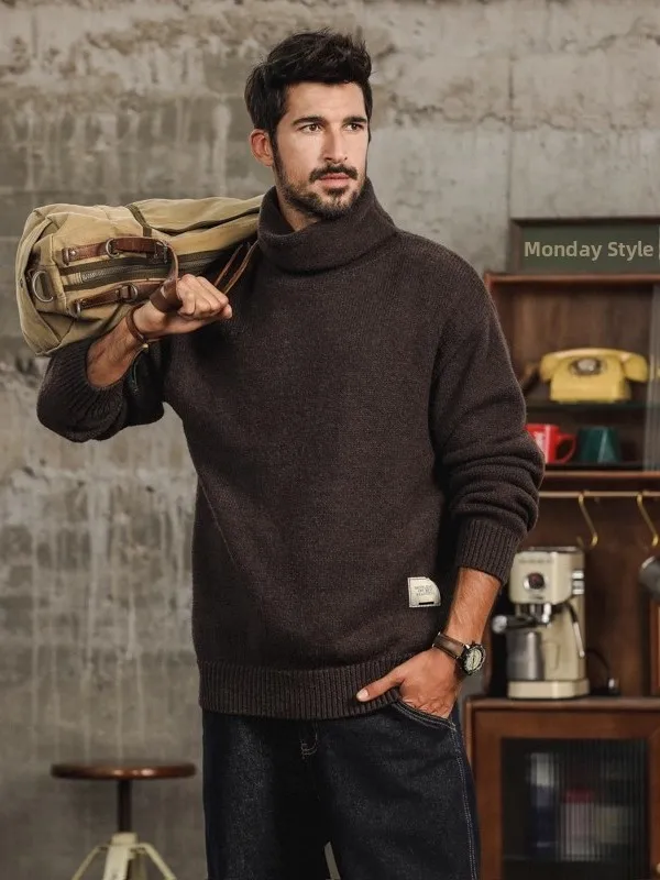 

Men's Oversized Thiened High Collar Camere Sweater Warm Loose Vintage Knitted Coat Winter Casual een Fiber Fabric