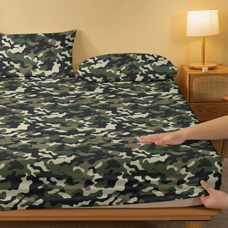 1pcs Camouflage Green Pattern Sanding Fitted Sheet, Bedroom Camouflage Printed Bedspread, Bedding (Not Include Pillowcase)