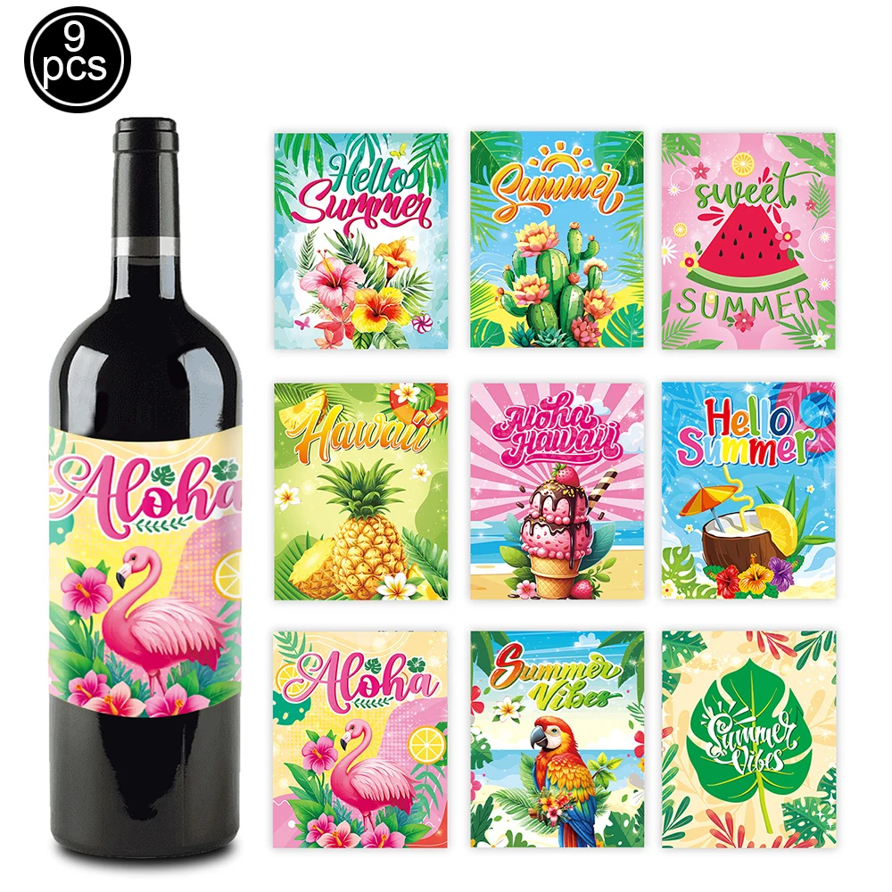 9 Stück Hawaii-Motto-Party-Weinflaschen-Aufkleber, rosa Flamingo-Ananas-Aufkleber, Sommer, Strand, Partyzubehör, Dekoration, 4,02 x 5 Zoll – Detail 1