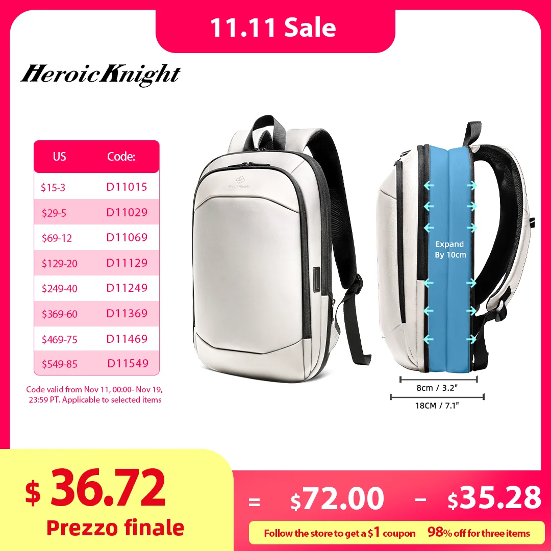

Heroic Knight Travel Backpack for Men Waterproof 17.3" Hand Luggage Laptop Backpack Slim Expandable YKK Business Commute Mochila