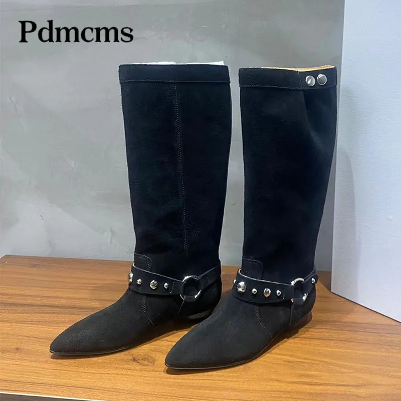 

Luxury Quality Cow Suede Western Cowboy Boots Women Belt Buckle Rivet Decor Flat Shoes Woman Pointed Toe Knee High Boots Woman