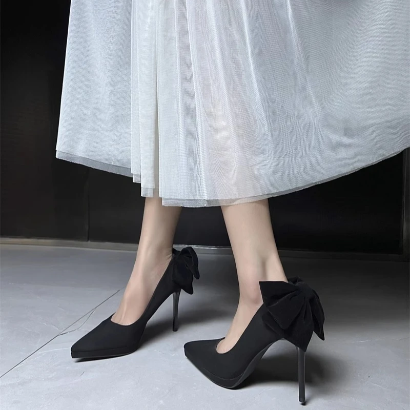 

Модные элегантные туфли на высоком каблуке на тонкой шпильке с острым носком и бантом для вечеринок, туфли из искусственной кожи с острым носком на высоком каблуке для женщин