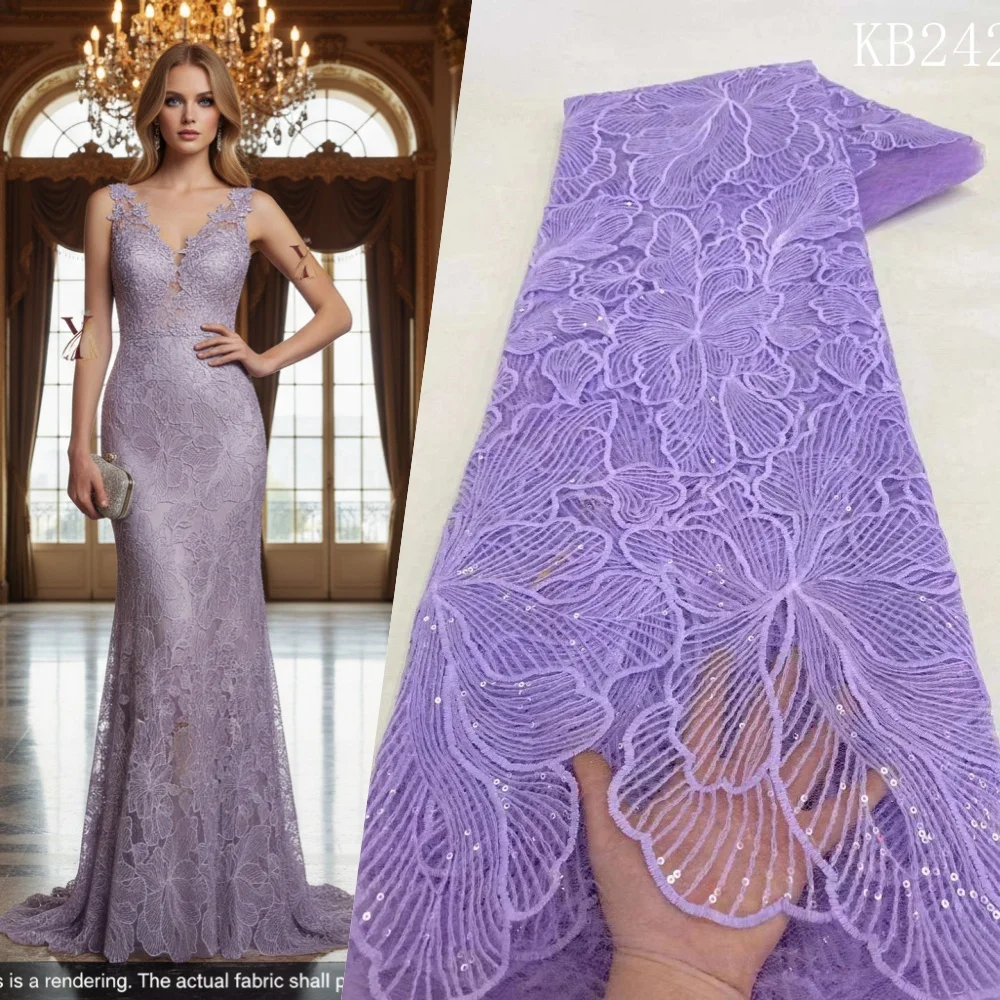 

Фиолетовое кружево с пайетками и бисером, африканское высококачественное кружево, тюлевые кружевные ткани 2026, французская сетчатая ткань с бисером для шитья KB2421