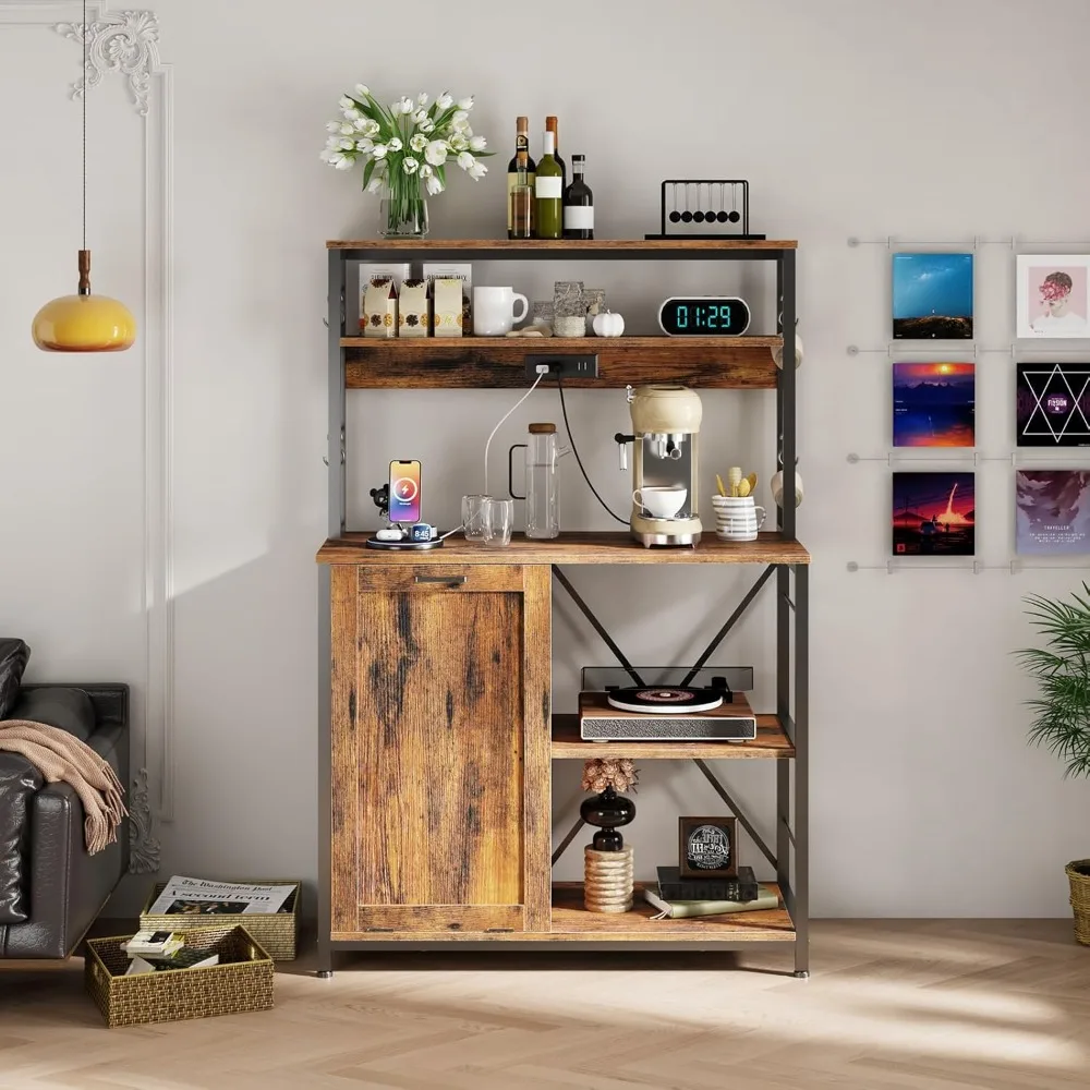 Baking Rack, Microwave Rack with Trash Can Cabinet, 5-tier Kitchen Storage Cabinet with Power Outlet, Tall Coffee Bar Table