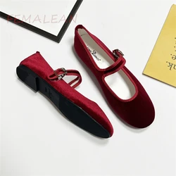 Vintage Velvet Burgundy Red Black Purple Round Toe Granny Belt Buckle Ballet Flats Casual Luxury Mary Jane Sandals Woman Shoes