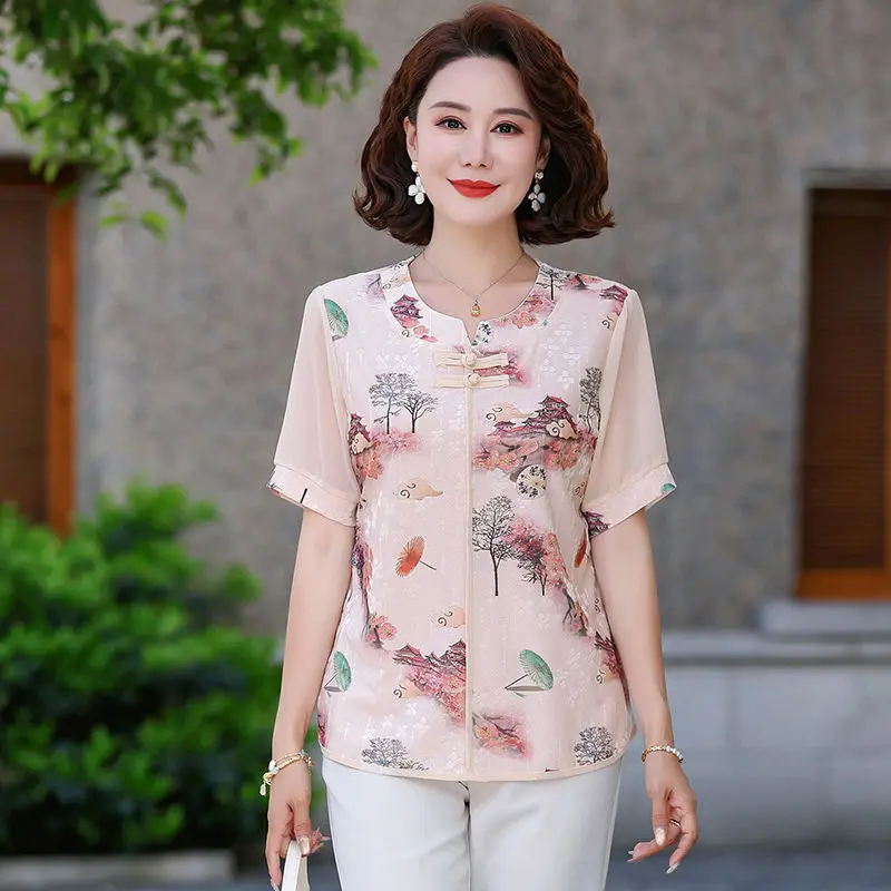 Damska koszulka z krótkim rękawem w nowym stylu, łączona, z okrągłym dekoltem, zapinana na guziki, modna, z nadrukiem, nowy chiński top