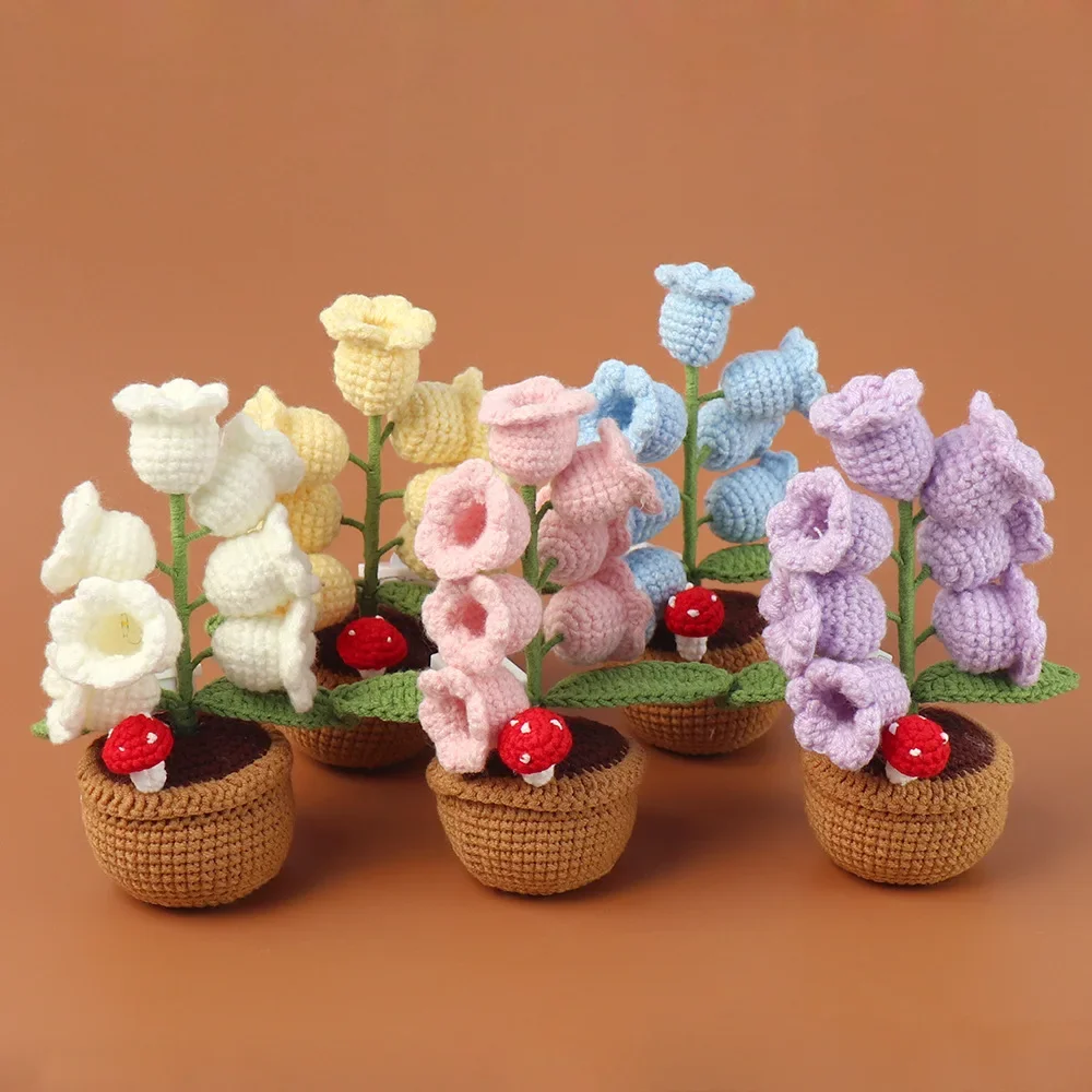 Вязаный крючком колокольчик Орхидея с вязаными цветами в горшках и светом, искусственные цветы ручной работы, настольные книги, пасхальное украшение 2025