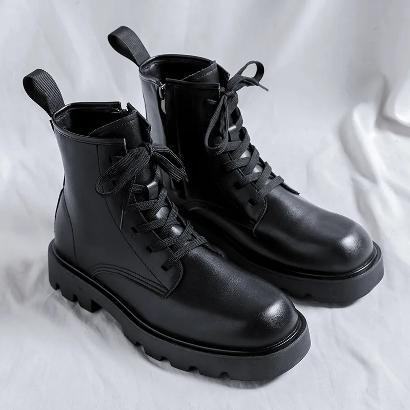 

Korean Platform Boots New Black Fashion Men Leather Shoes Vintage Ankle Boots Zipper Designer Outdoor Work Boots Autumn Spring