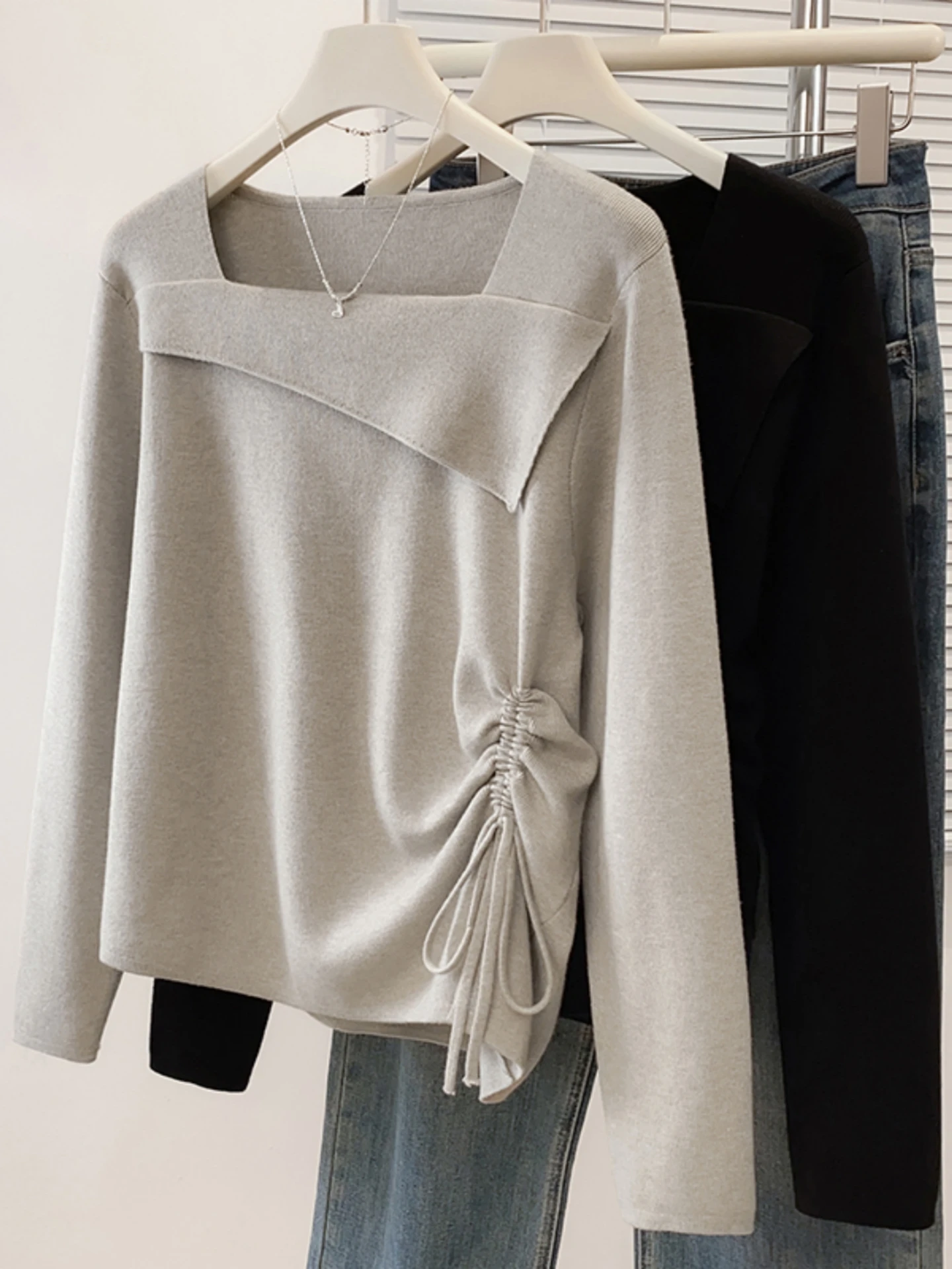 Square Collar Long Sleeve Knitted Base Shirt T-Shirt Women Early Spring 2026 plus Size Design Sense Drawstring Short Top