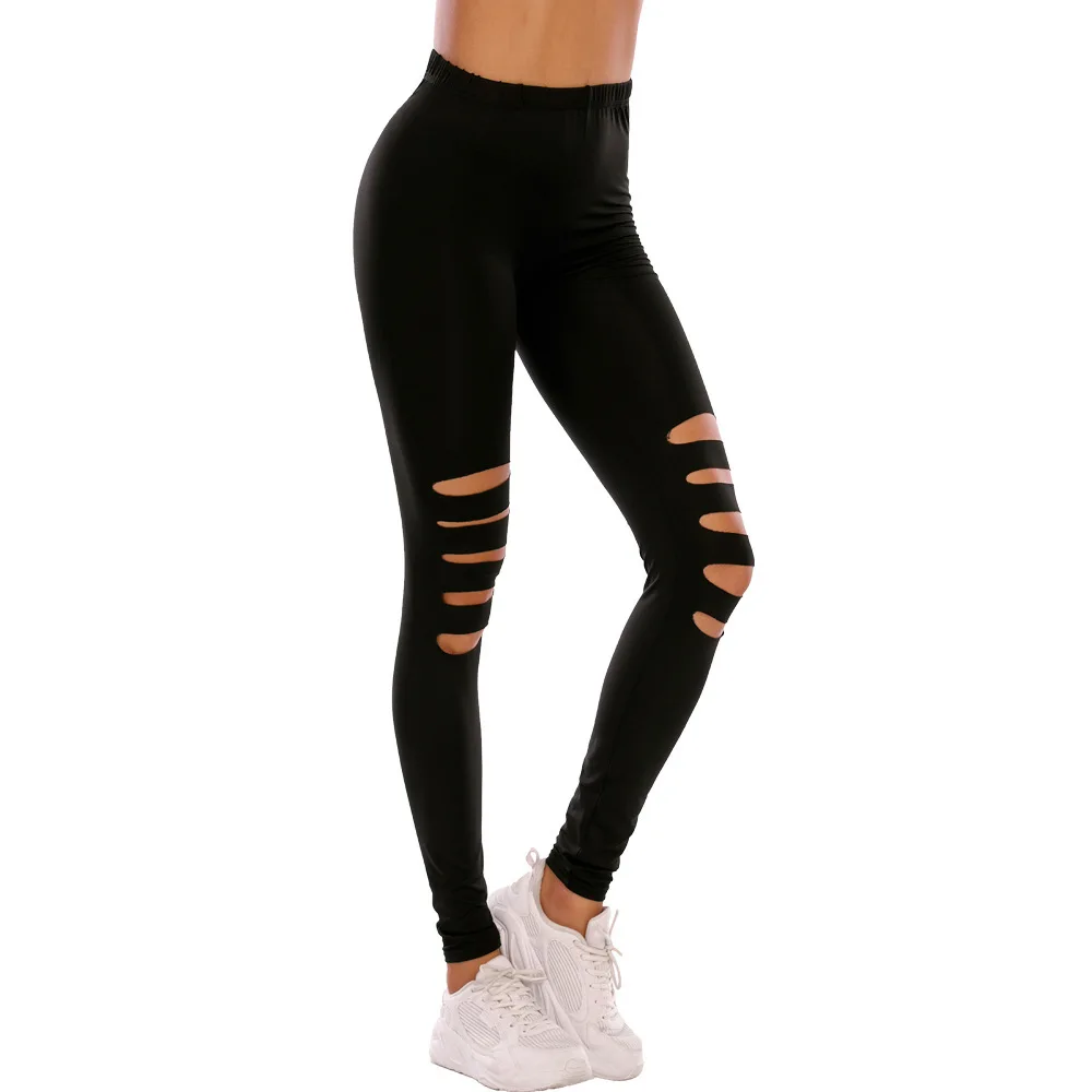 Europe And The United States New Solid Color Simple Hole Leggings Slim-fit Hip Skinny Hollowed-out Nine-point Pants Woman