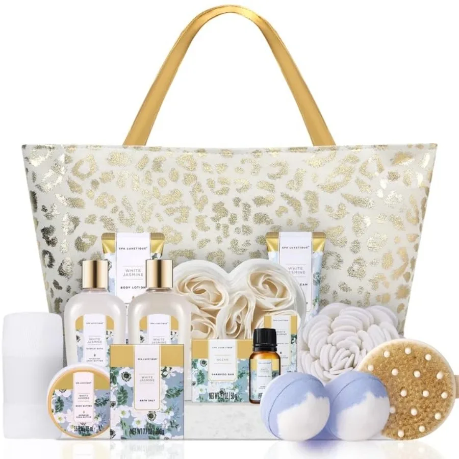 Regalos para Mujeres, Cestas de Regalo de Jazmín Blanco de 15 Piezas para Mujeres, Kit de Spa Relajante de Lujo con Bolsa de Transporte, Regalos de Cumpleaños para Mamá y Amiga