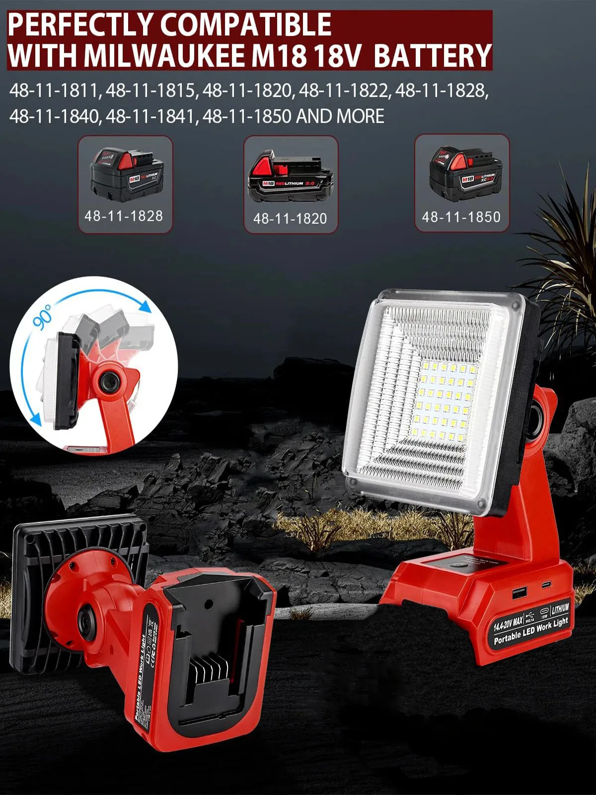 Lampada da lavoro a LED da 25 W per Milwaukee M18 18 V Batteria Luce di inondazione esterna con 2 porte USB per cantiere Riparazione auto Campeggio Emergenza