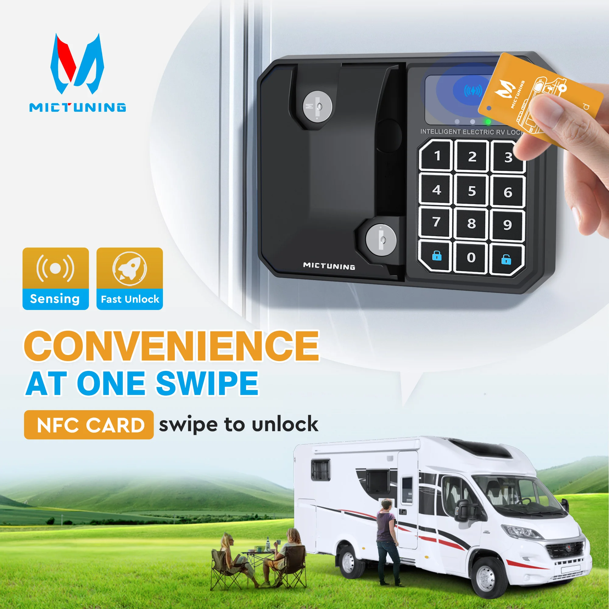 

MICTUNING Keyless RV Door Lock, Trailer Entry Latch Bolt - Wireless Key Fob, Password Keypad, NFC & Mechanical Key Waterproof