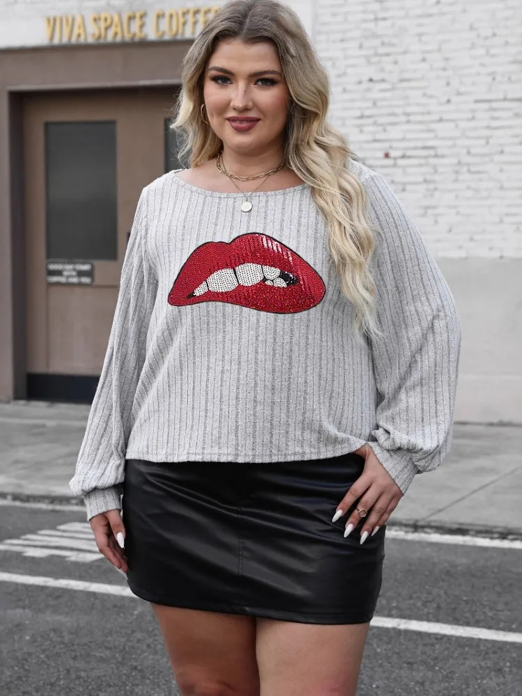 

Женская свободная футболка размера плюс L-3XL, повседневная свободная футболка с круглым вырезом и длинными рукавами, блестящие губы, спортивный уличный топ, женская одежда больших размеров 2025