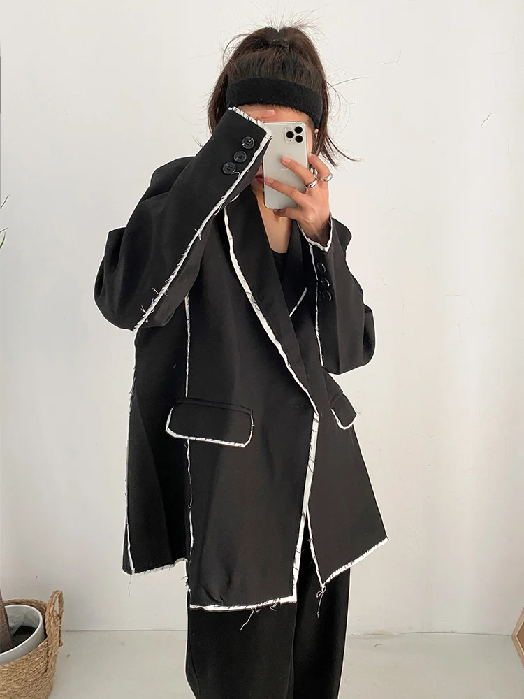 Streetwear Style Women Black Color-block Burr Big Size Blazer Long Sleeve Loose Fit Jacket Fashion Spring 2023 Autumn New Y942