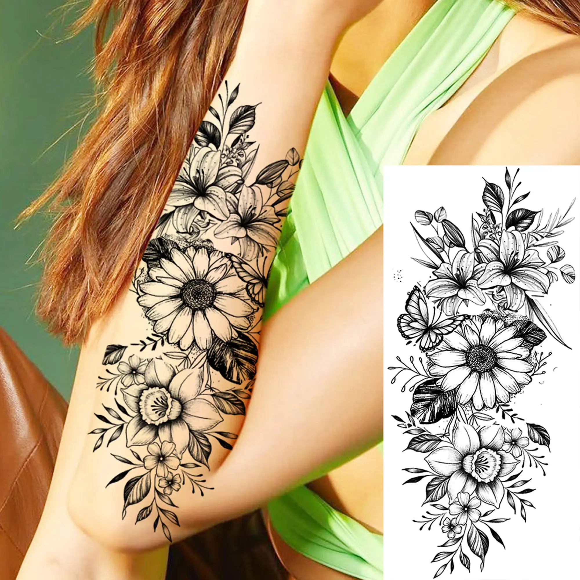 8 Sheets 3D Black Snake Flower Temporary Tattoos For Women Fake Floral Blossom Tattoo Stickers Realistic Waterproof Moon Tatoos