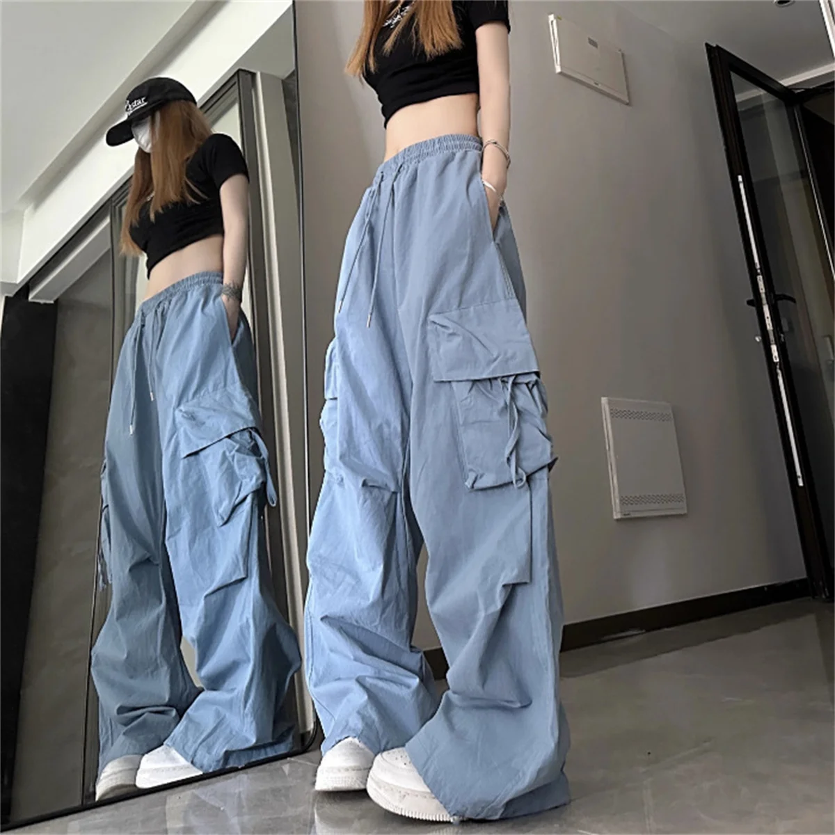 Grande taille femmes Cargo pantalon taille haute solide mode rue pantalon Vintage cordon poche pantalon ample décontracté Joggers vêtements