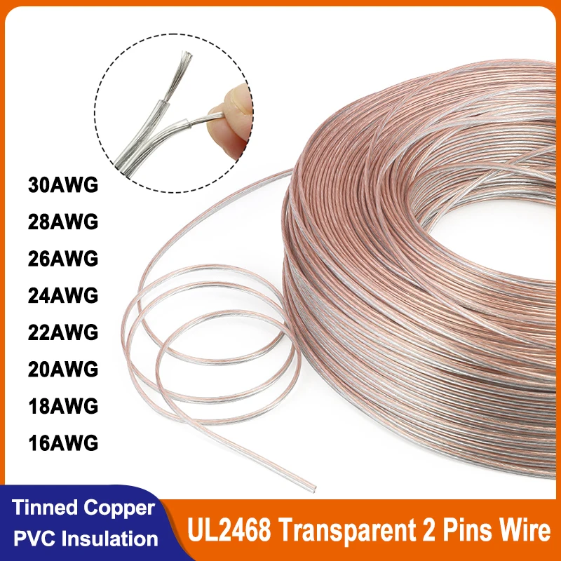 1~100M UL2468 PVC Electrical Wire Transparent 2 Pins Cable 30AWG ~ 16AWG Speakers Audio Headphone LED Strip Lamp Extension Cord