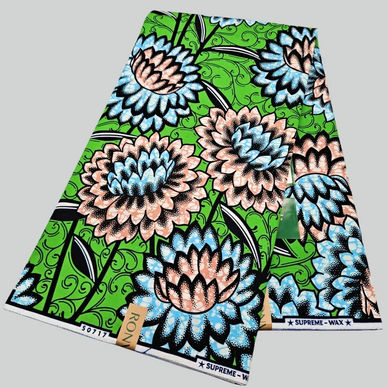 

6Yards Long Blue Floral Printed Green Cotton African Style Wax Fabric for Sewing Dress Sofa Curtain Tablecloth 120CM Wide R2807