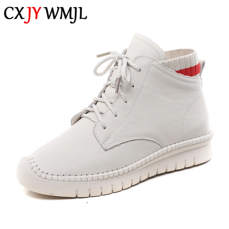 CXJYWMJL Plus Size Genuine Leather Women Autumn High Top Sneakers Winter Cotton Casual Vulcanized Shoes Ladies Soft Sole Spring