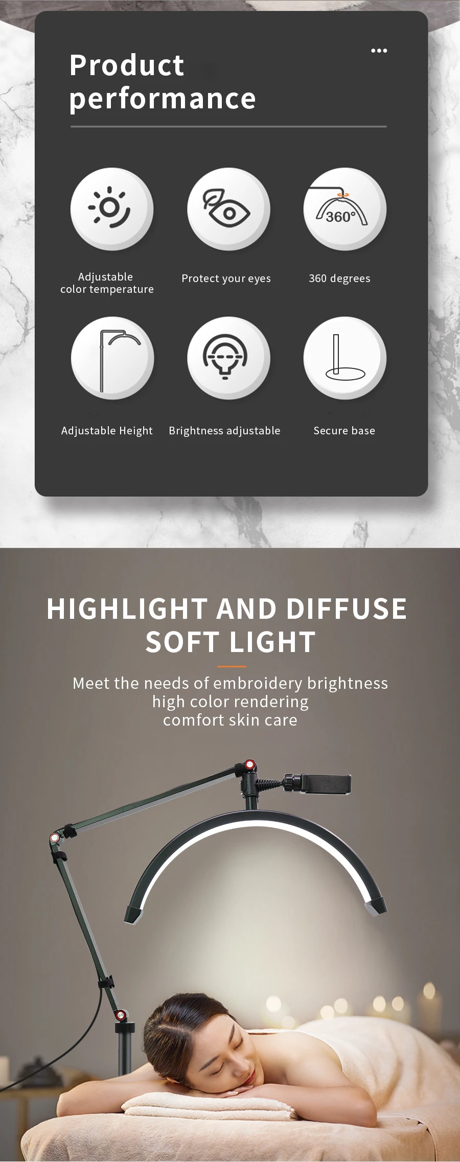 16-Zoll-LED-Halbmond-Wimpernlicht, Temperatur 3000 K–6000 K, Boden-LED-Ringlampe für Schönheitsgesichtsbehandlungen, Hautpflege, Tattoo, Augenbrauen, Filmen – Detail 5