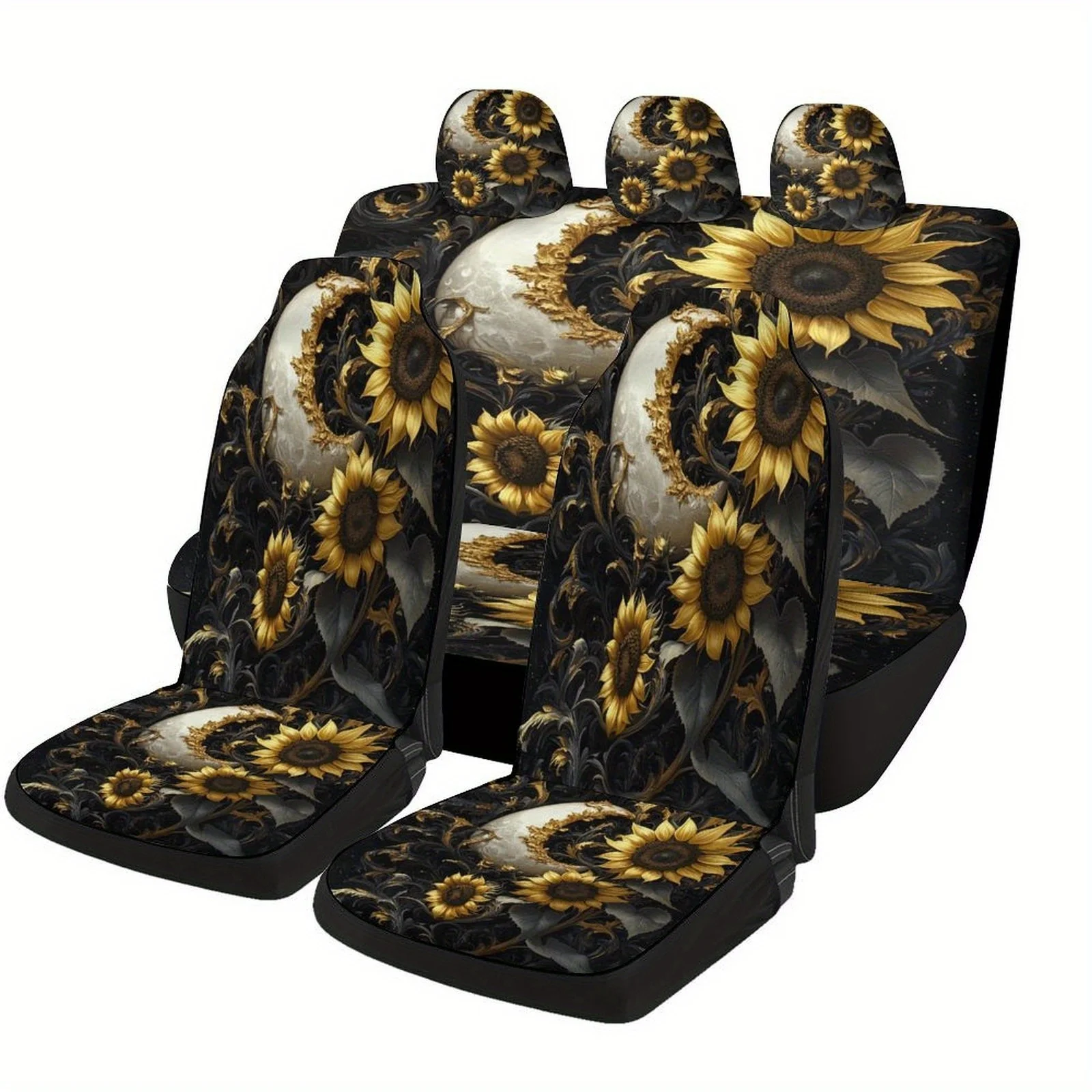 

Set Of Car Seat Covers Featuring Golden Sunflowers And A Moon Design, Suitable For Various Vehicles. These High-Quality, Persona