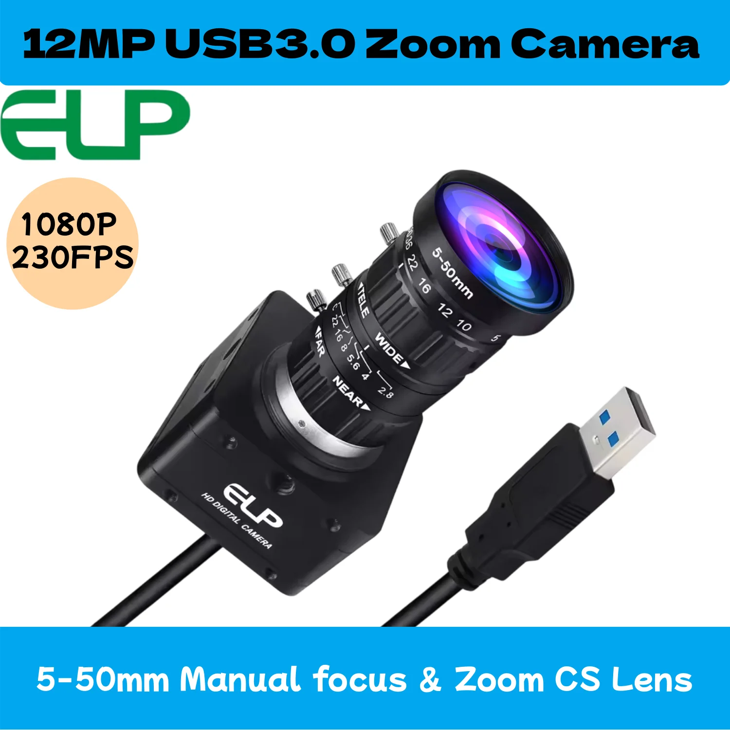 ELP USB3.0 Industrial Camera, IMX577 12MP 4K@60FPS 1080P@230FPS, 5-50mm CS Varifocal Zoom Lens UVC Plug&Play for Machine Vision