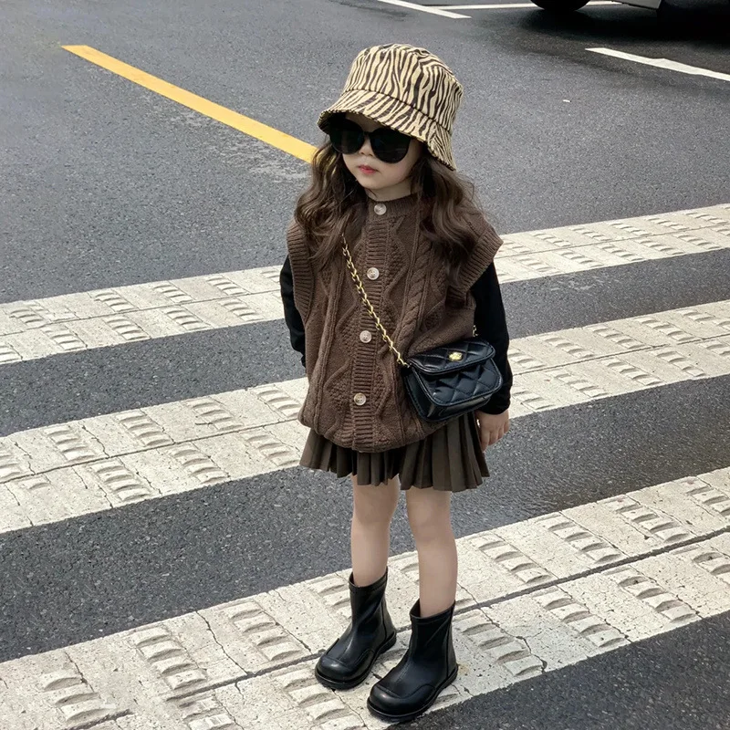 Children's Fall Clothing Set Girls Fashion Knitted Cardigan Waistcoat + Pleated Skirt Cool Girls Photo Shoot Wear Clothes Suit