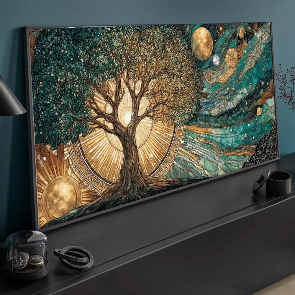 Celestial Tree of Life Canvas Painting Sun and Moon Cosmic Poster Print For Living Room Home Decor Abstract Tree Wall Art