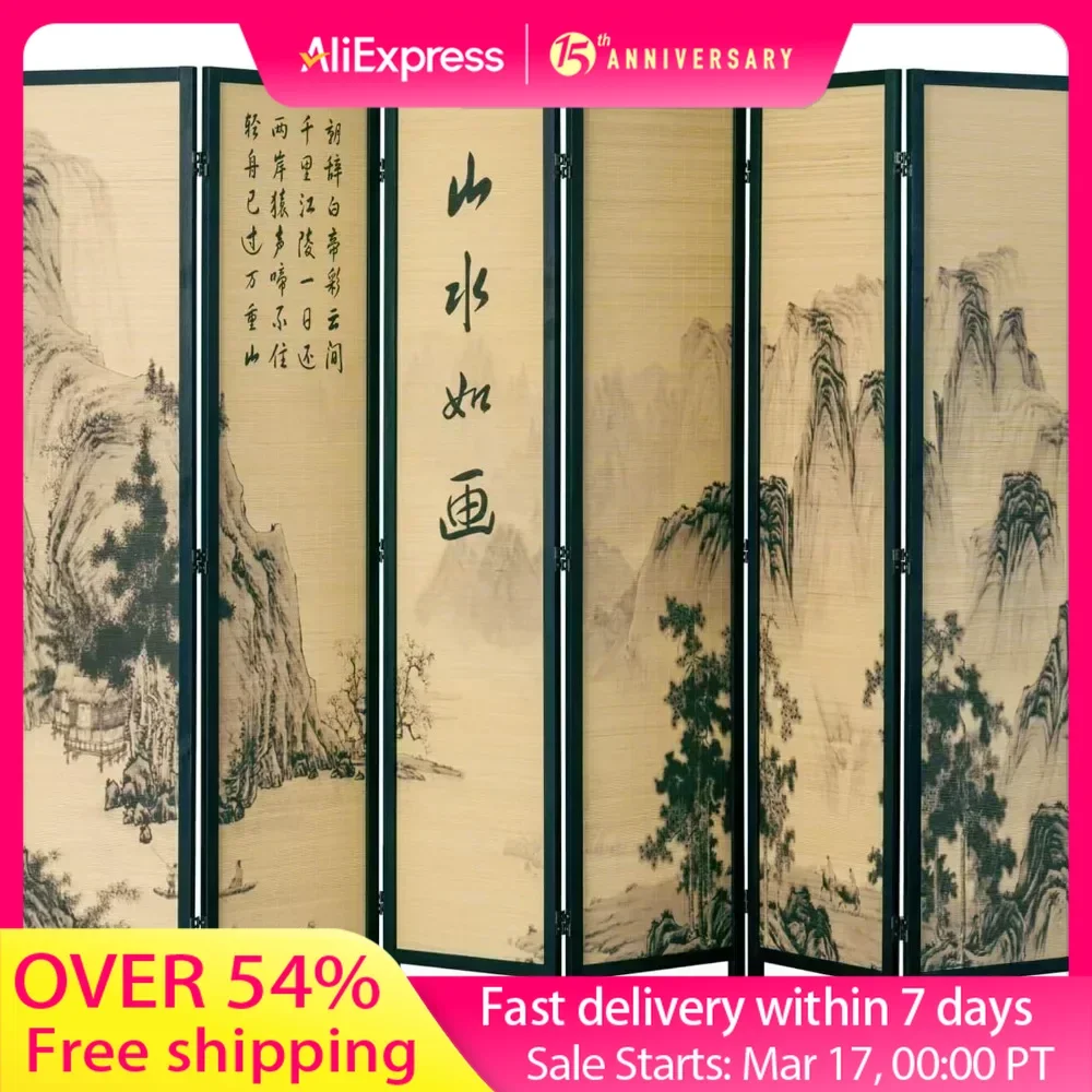 

6 Panel Folding Room Divider Bamboo Screen Home Decor Room Divider Decorative Chinese Calligraphy Design Separator Devider