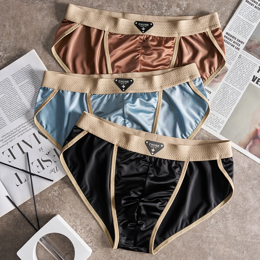 3PCS/Pack Luxury Satin-like Ice Silk Men's Briefs Comfortable Breathable Mesh Crotch Panties Smooth High Elastic Man Undrewear
