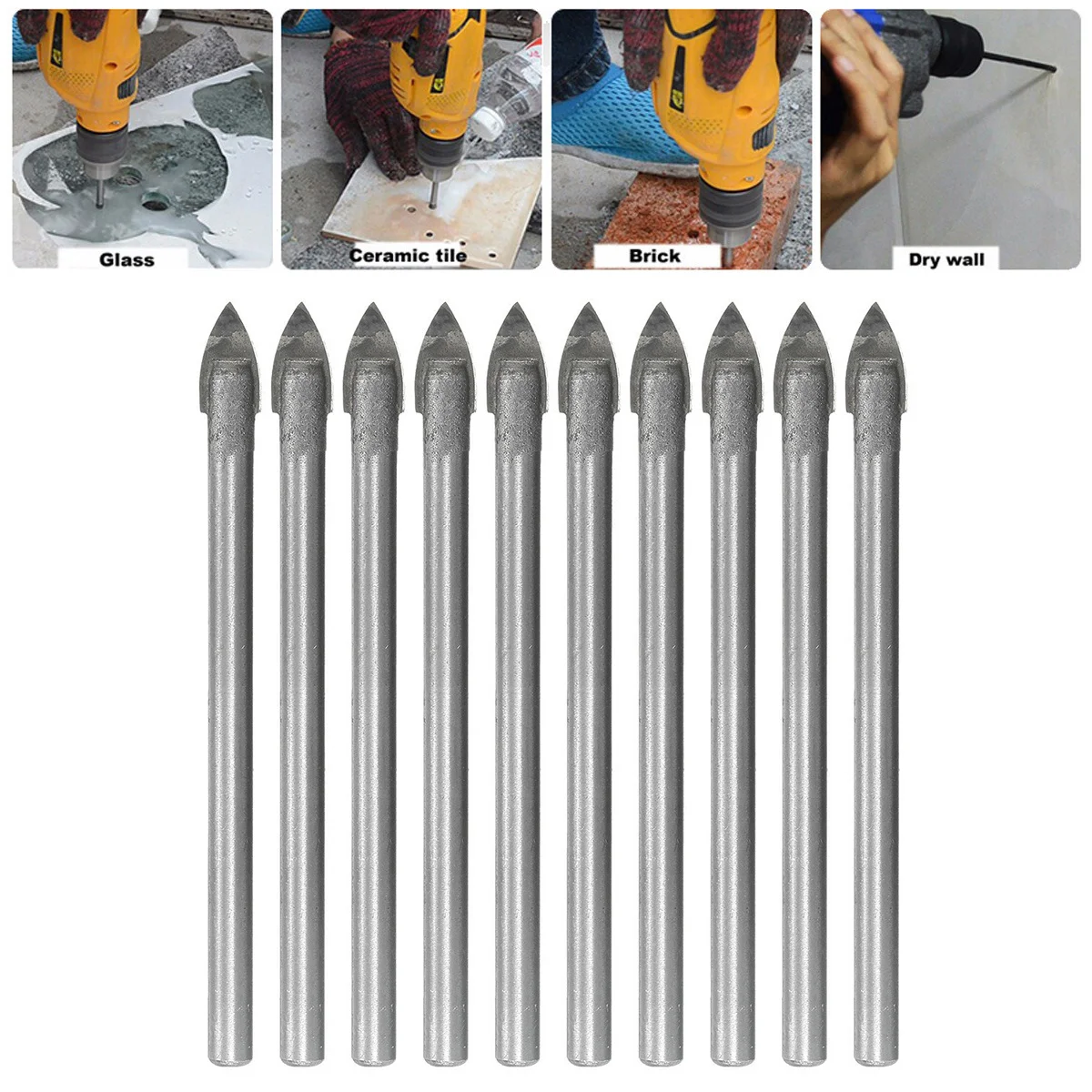10Pcs Alloy Drill Bits 6Mm Premium Tile Glass Ceramic Drilling Set for Mirror Stucco Hard Brittle Materials Triangle Hole Cutter
