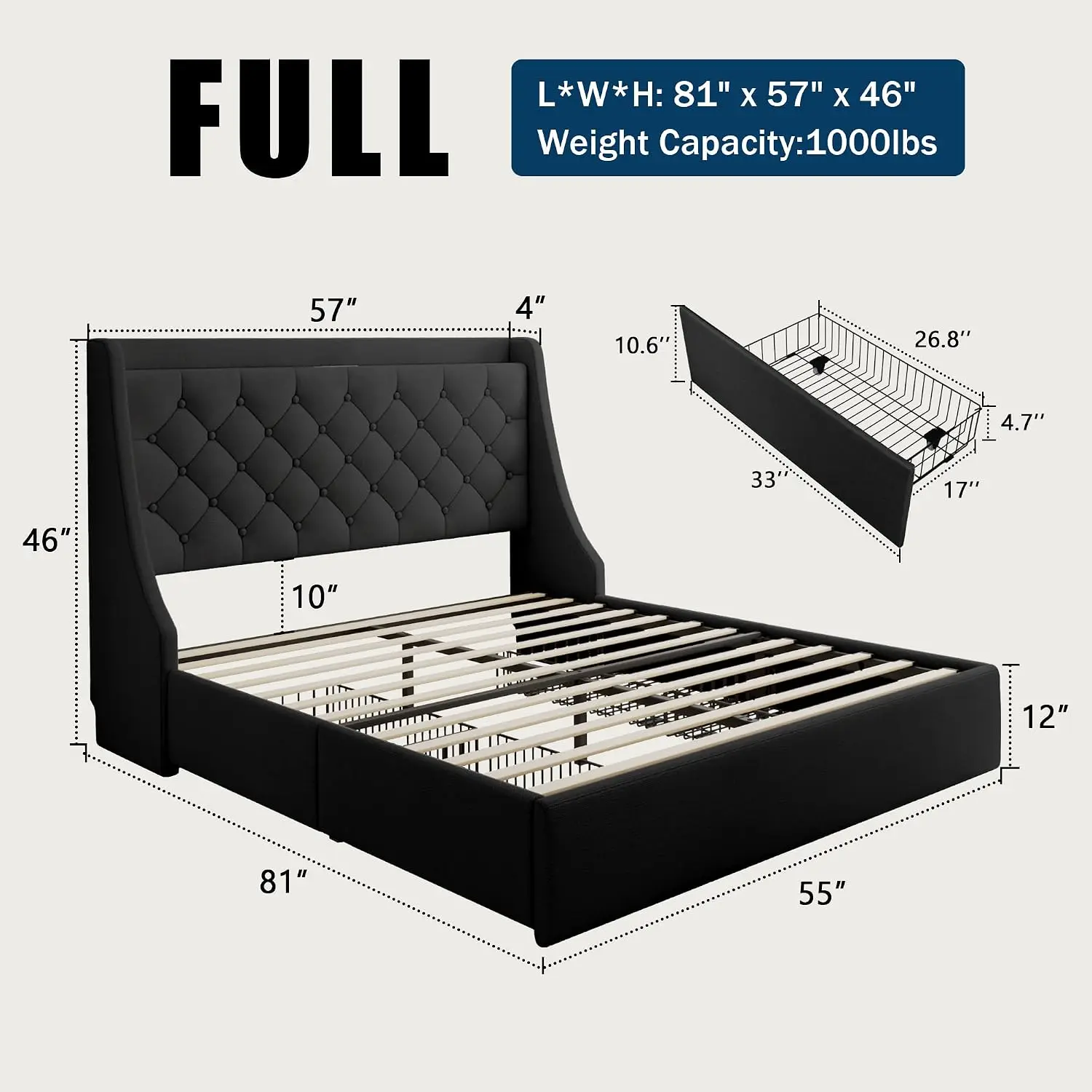 Full Size Bed Frame 4 Drawers Upholstered Wingback Headboard Charging Station No Box Spring Noise-Free Black, Customized
