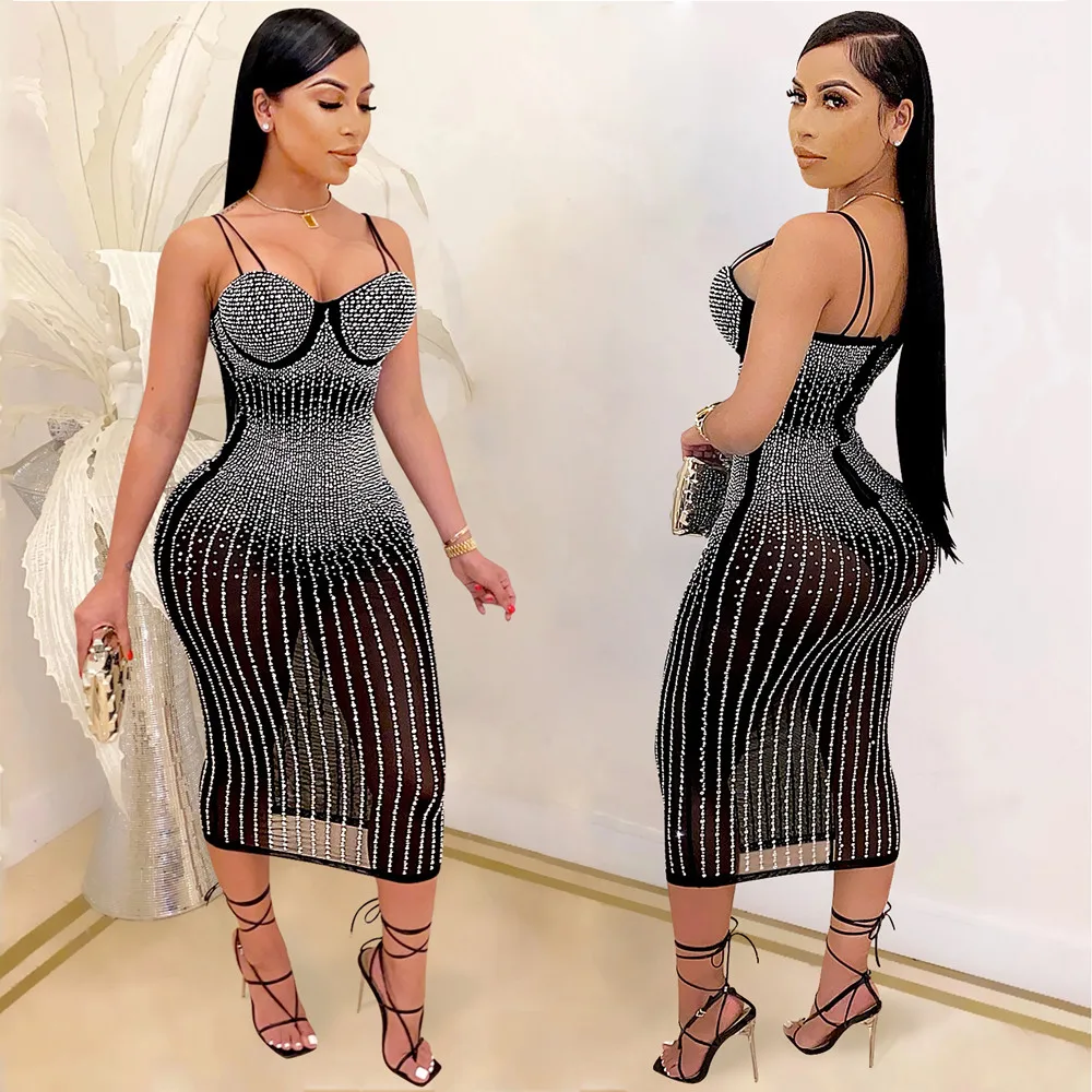 

Sexy Spaghetti Strap Midi Dress Women Rhinestones Sheer Mesh Sexy Backless See Through Slim Bodycon Party Night Club Dresses