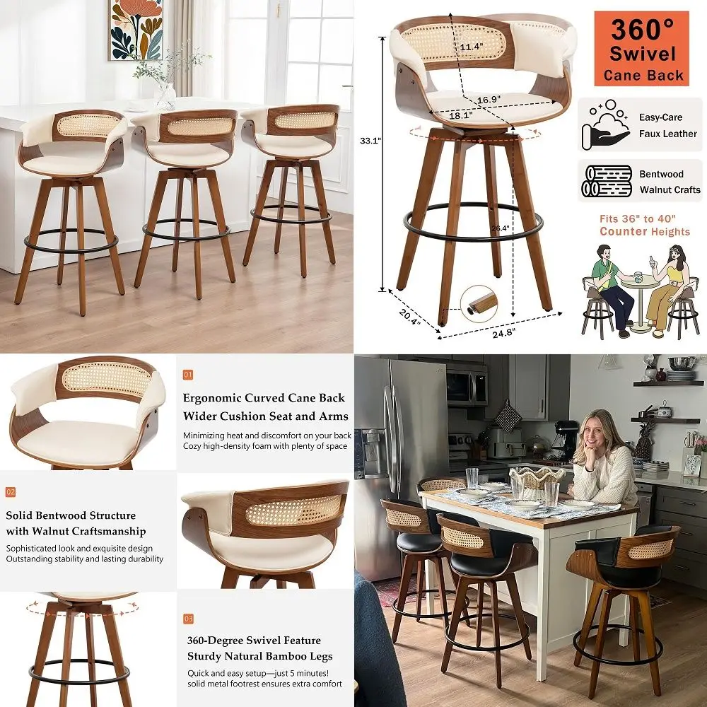 

of 3 Rattan Swivel Counter Stools 26.4 inch Mid Century Modern Counter Stools with Cane Back, Upholstered Seat, Curved Arms, Ba