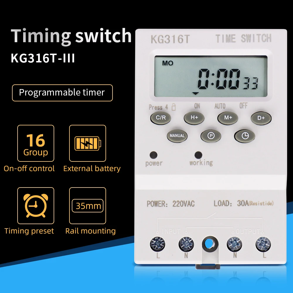 Digital Timer Switch 7 Days Weekly Automatic Timer Programmable Relay Timing Control High Load 220V 25/30A Power Outage Memory