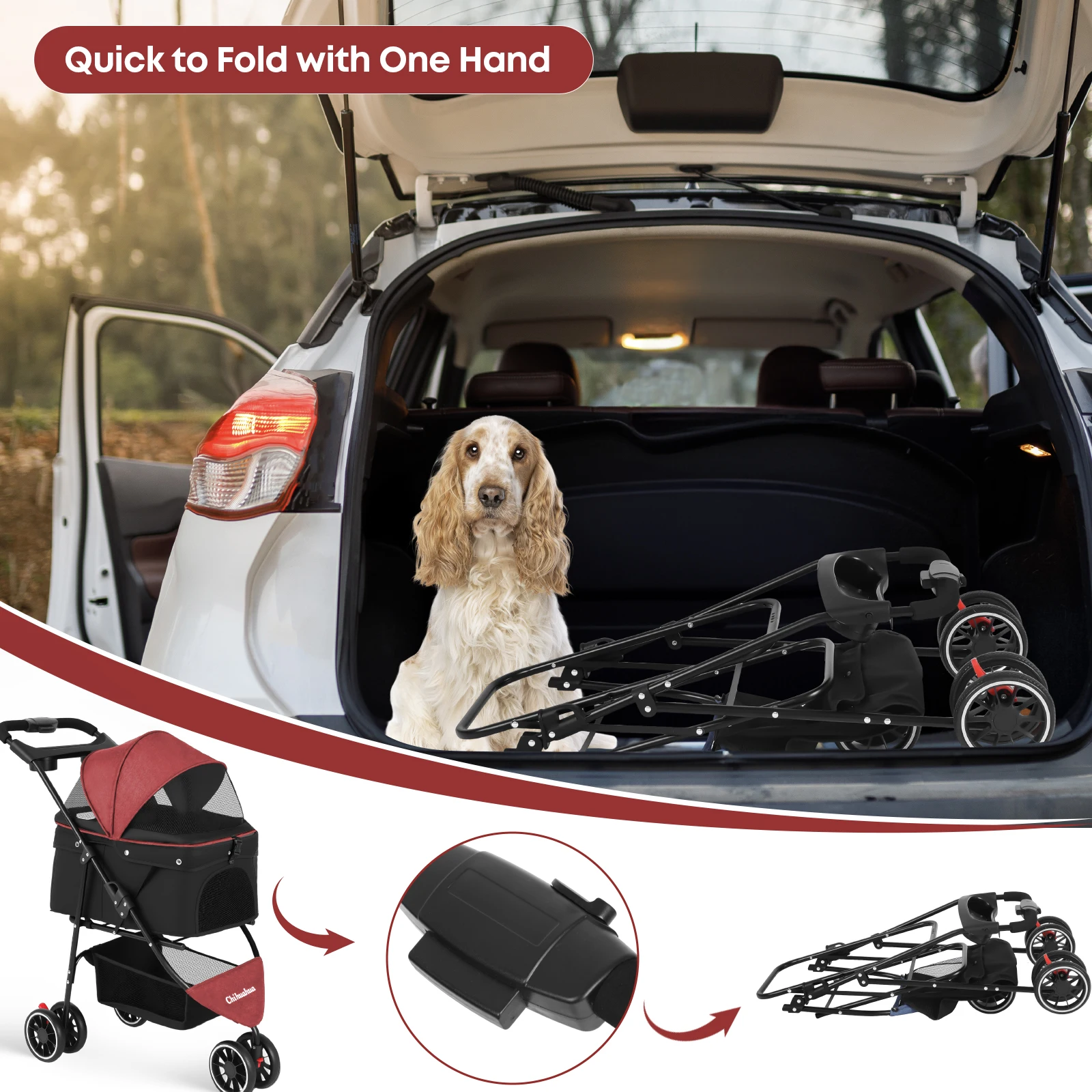 Pet Stroller For Small Medium Cats&Dogs 3 Wheels Foldable with Breathable Mesh Canopy Pet Travel Carrier Suitable Outdoor Travel