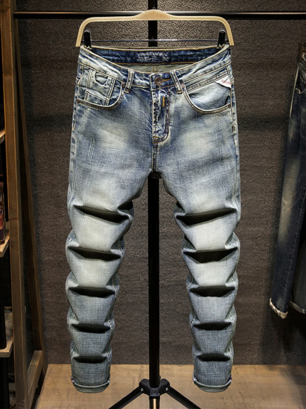 

Мужские джинсы в стиле ретро, эластичные, облегающие, молодежные, повседневные, со средней посадкой, из хлопкового эластичного денима, универсальные длинные брюки